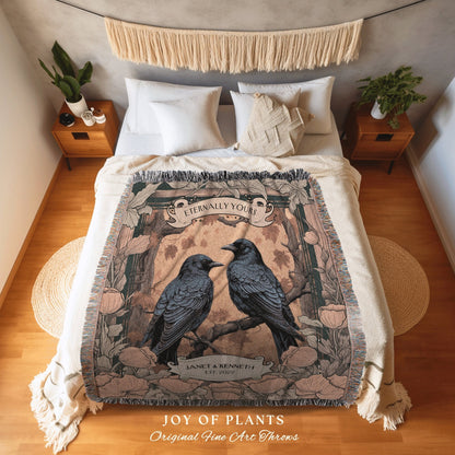 Personalized Anniversary Blanket | Crowcore Couple Aesthetic Woven Throw Custom Dating Anniversary 'Til Death do us Part' Raven Tapestry |