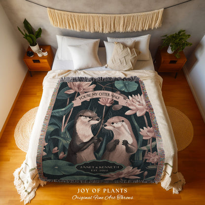 Cozy Otter Lovers Personalized Throw | Whimsical Anniversary Gift Custom Established Date Tapestry 'You're my Otter Half' Blanket for Wife |