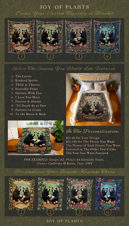 Floral Woodland Couples Custom Blanket | Cottagecore Wedding Anniversary Personalized Bear Couple Woven Throw Cute Blanket Outdoorsy Gift