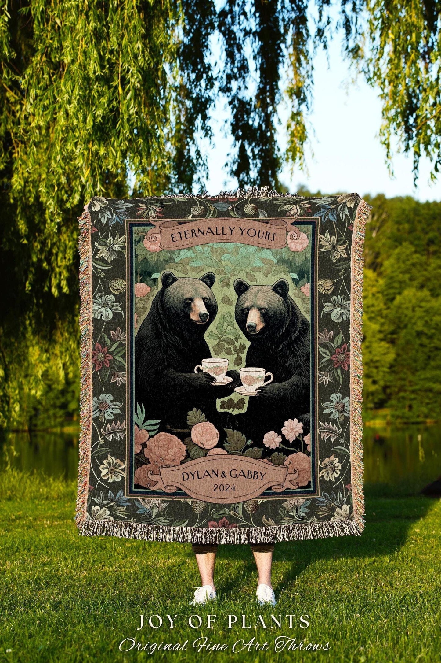 Floral Woodland Couples Custom Blanket | Cottagecore Wedding Anniversary Personalized Bear Couple Woven Throw Cute Blanket Outdoorsy Gift