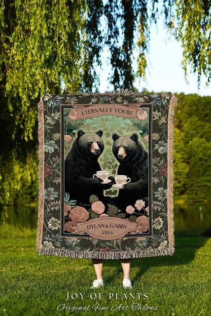 Floral Woodland Couples Custom Blanket | Cottagecore Wedding Anniversary Personalized Bear Couple Woven Throw Cute Blanket Outdoorsy Gift