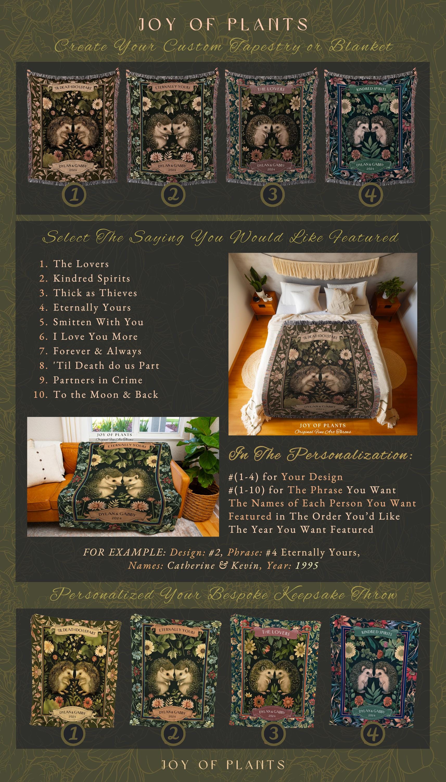Custom Names Hedgehog Couple Blanket | Sentimental Anniversary Tapestry Woven Scandinavian Folk Wedding Custom Name Hedge Hog Gifts Floral