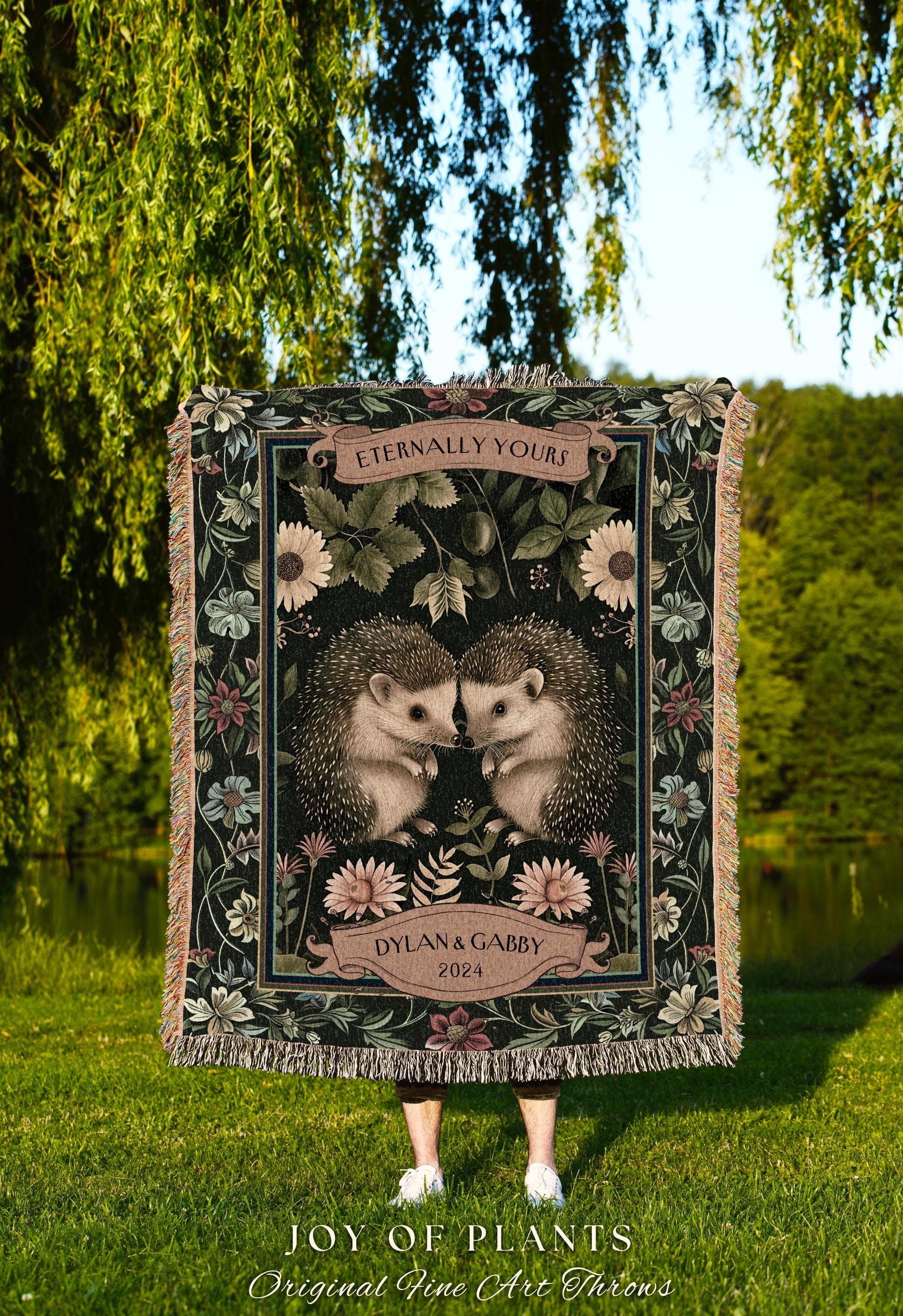 Custom Names Hedgehog Couple Blanket | Sentimental Anniversary Tapestry Woven Scandinavian Folk Wedding Custom Name Hedge Hog Gifts Floral