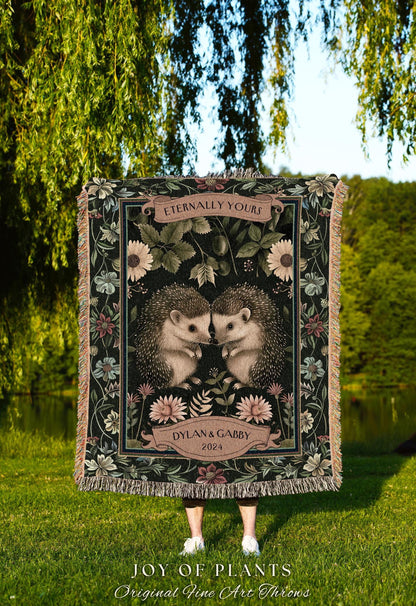 Custom Names Hedgehog Couple Blanket | Sentimental Anniversary Tapestry Woven Scandinavian Folk Wedding Custom Name Hedge Hog Gifts Floral
