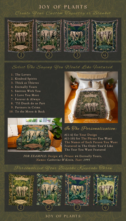 Romantic Outdoorsy Couple Tapestry Woven Cotton | Wedding Keepsake Throw Blanket Personalized His & Hers Names Custom Anniversary Botanical