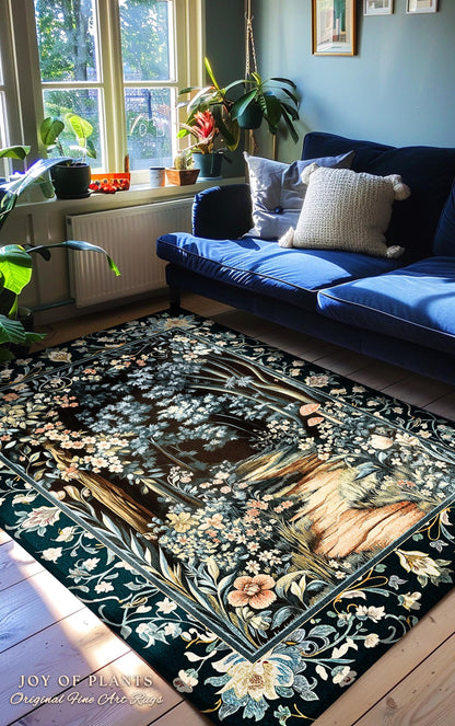 Dreamy Forest Landscape Botanical Area Rug | Misty Forest Dark Cottagecore Aesthetic Fairycore Book Nook Room Decor Magical Jungle Aesthetic