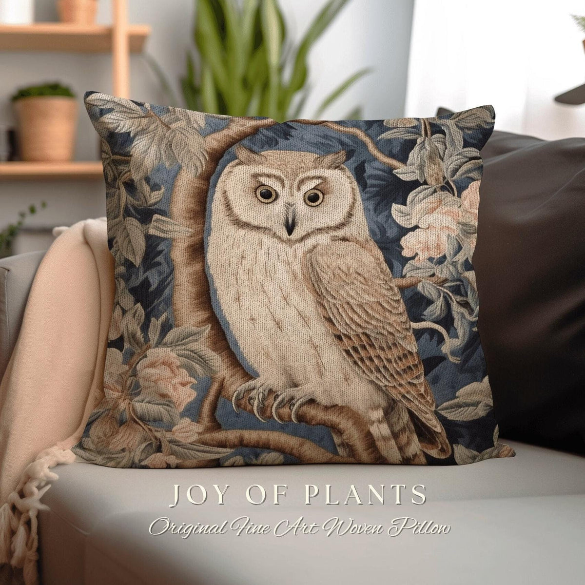 Owl Throw Pillow Woven Pastel | William Morris Inspired Throw Pillow Woodland Forestcore Decor Pillow Maximalist Home Decor Pastel Pillow |