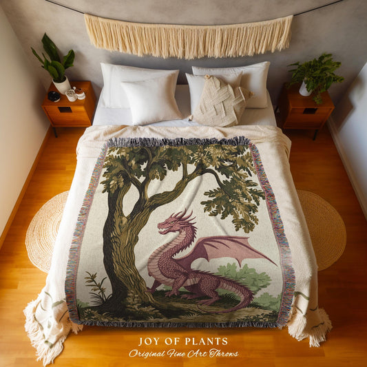 Pastoral Dragon Blanket Light Academia Inspired Woodland Tapestry Throw | Rustic Folklore Home Decor Cozy Forestcore Medieval Aesthetic Art