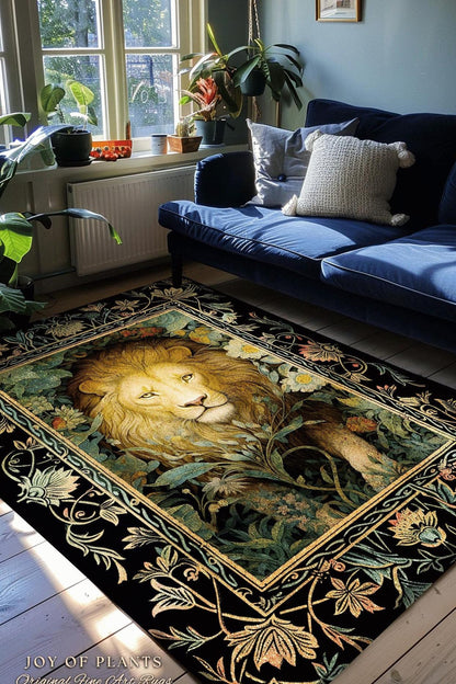 Dark Jungle Lion Botanical Rug Dark Academia Decor | King of the Jungle Morris Inspired Dark Cottagecore Floral Decor Gift for Lion Lovers