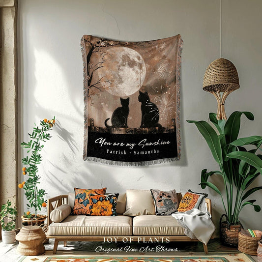 Cat Family Woven Tapestry | Personalized Mom Blanket with Grandchildren Names Meaningful Parent Woven Tapestry Custom Cat Person Gift