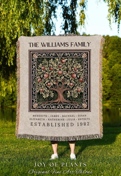 Victorian Aesthetic Family Heritage Blanket Vintage Pomegranate Tree Design | Personalized Custom Names Tapestry Sentimental Ancestry Gift