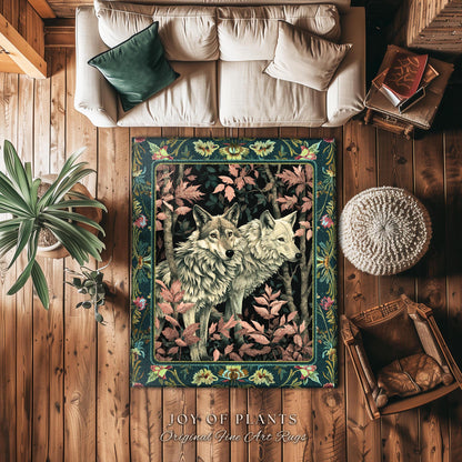Botanical Forest Spirits Area Rug | Woodland Ethereal Unique Home Accent Wolf Nursery Theme Eclectic Aesthetic Whimsical Cottagecore Decor |