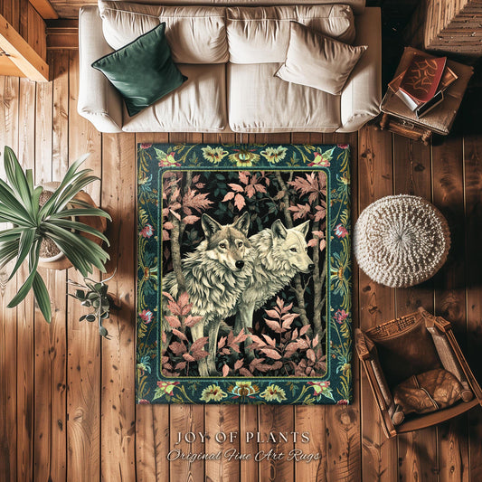 Botanical Forest Spirits Area Rug | Woodland Ethereal Unique Home Accent Wolf Nursery Theme Eclectic Aesthetic Whimsical Cottagecore Decor |