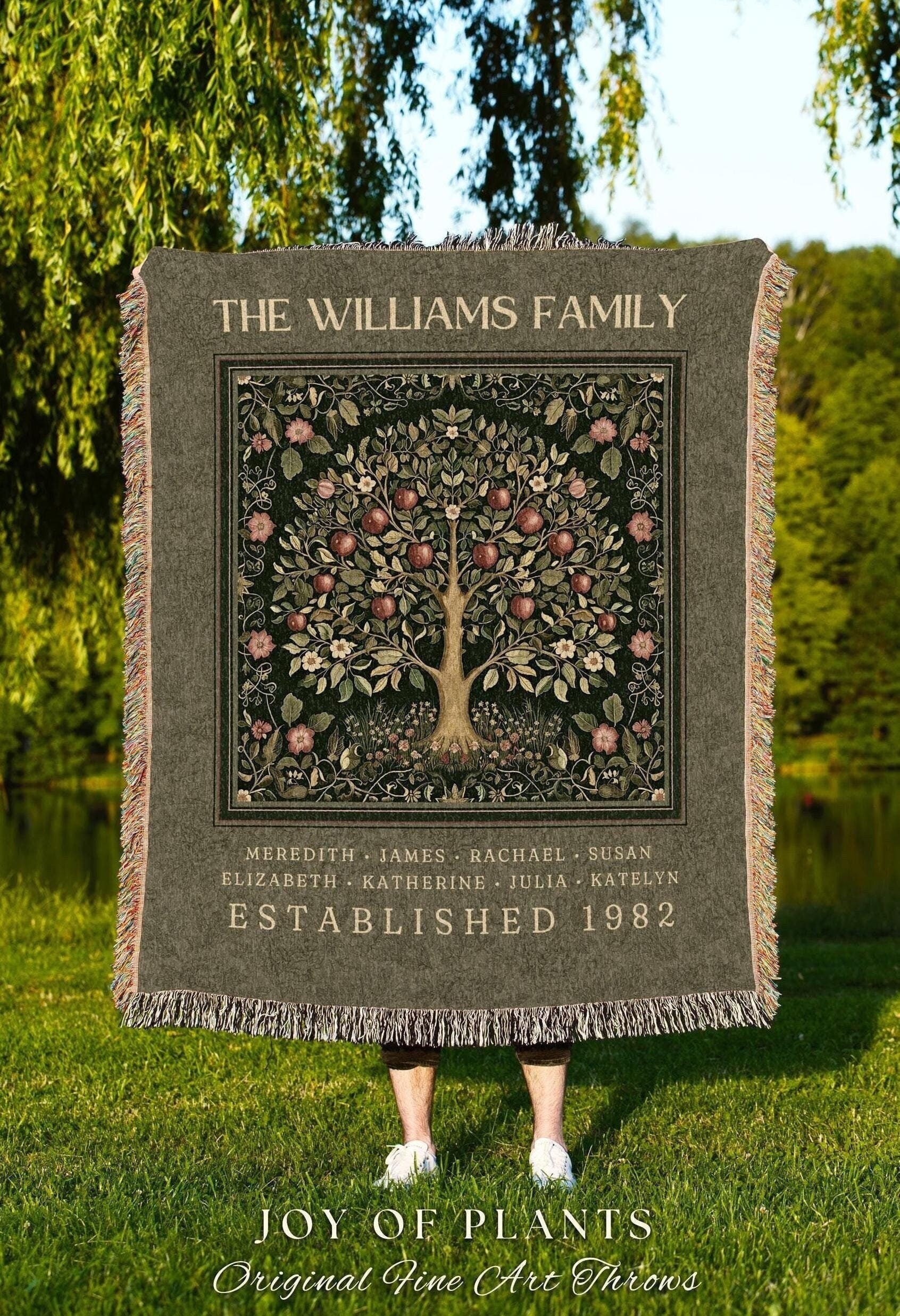 Deep Sage Green Family Tree Blanket | Personalized Heritage Tapestry Custom Grandparent Gift Sentimental Family Last Name Gift from Kids |