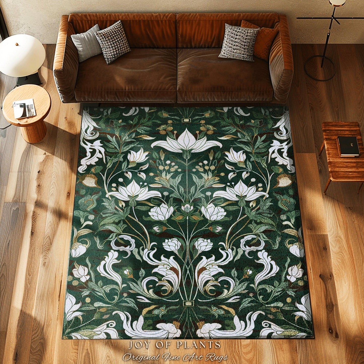 Emerald Green Floral Botanical Rug Art Nouveau Decor | Whimsical Cottagecore Aesthetic Vintage William Morris Design Cottagegoth Fairycore