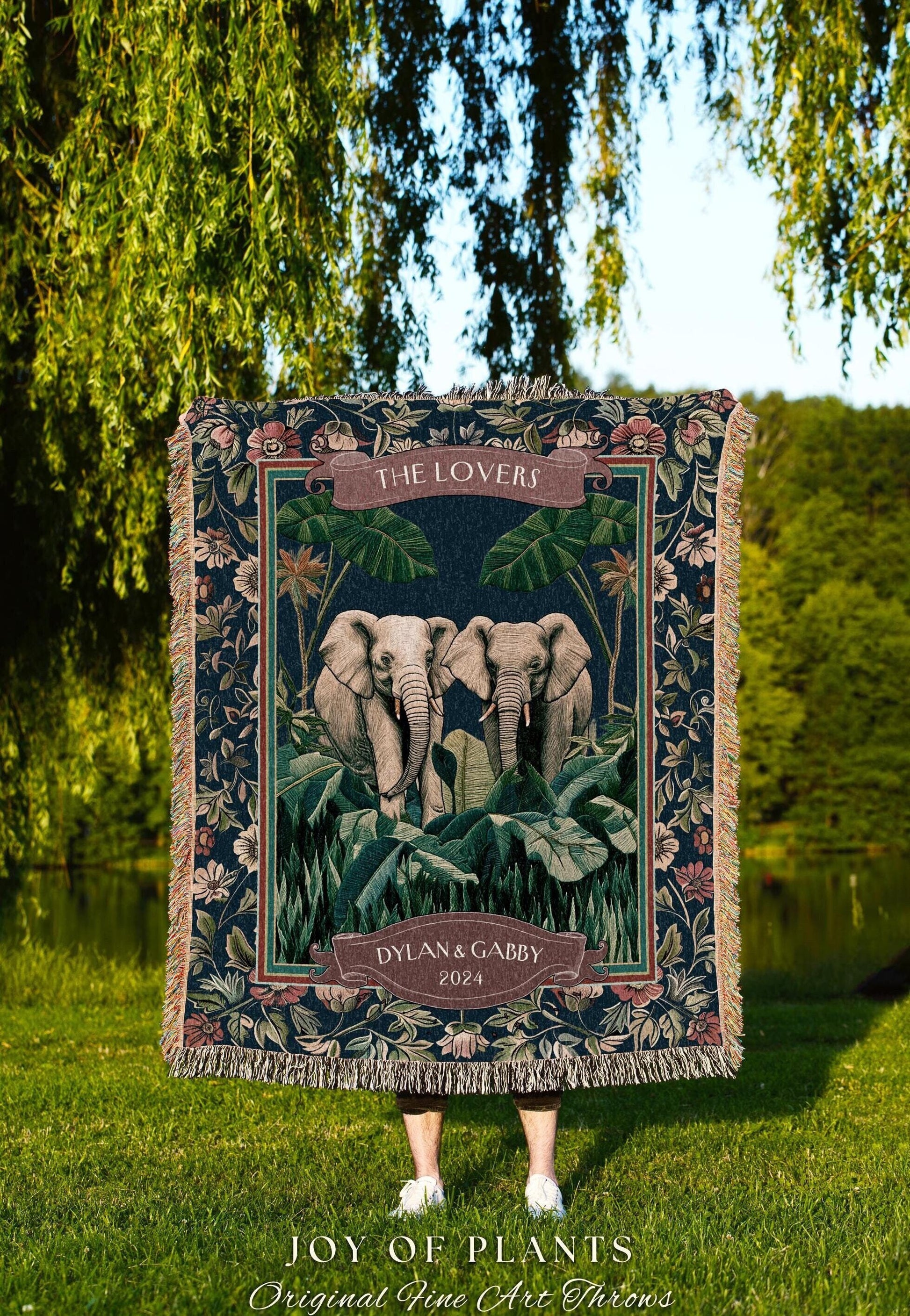 Tropical Botanical Elephant Couple Blanket | Jungle Tapestry Wedding Throw Personalized His & Hers Names Custom Anniversary Gift Cute Throw