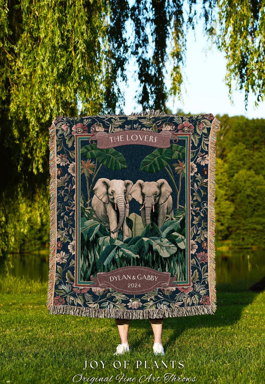 Tropical Botanical Elephant Couple Blanket | Jungle Tapestry Wedding Throw Personalized His & Hers Names Custom Anniversary Gift Cute Throw