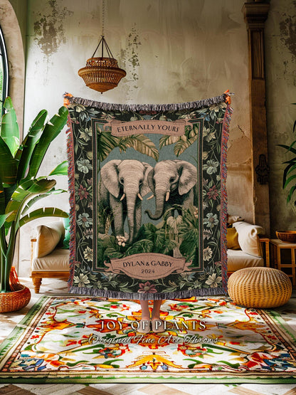 Romantic Outdoorsy Couple Tapestry Woven Cotton | Wedding Keepsake Throw Blanket Personalized His & Hers Names Custom Anniversary Botanical