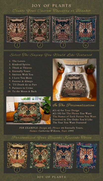 The Lovers Tiger Couple Tapestry Blanket | Personalized Gift for Girlfriend Cozy His & Her Names Celestial Woven Blanket Custom Anniversary