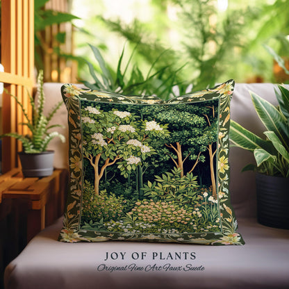 Emerald Green Medieval Tree Tapestry Pillow | Magical Woodland Cottagecore Aesthetic Nature Lover Book Nook Olive Green Decor Bohemian Cute