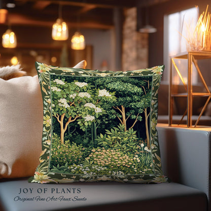 Emerald Green Medieval Tree Tapestry Pillow | Magical Woodland Cottagecore Aesthetic Nature Lover Book Nook Olive Green Decor Bohemian Cute