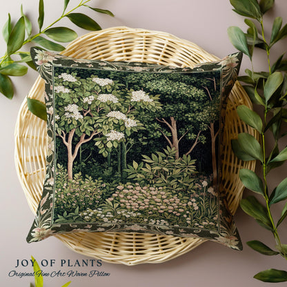 Emerald Green Medieval Tree Tapestry Pillow | Magical Woodland Cottagecore Aesthetic Nature Lover Book Nook Olive Green Decor Bohemian Cute