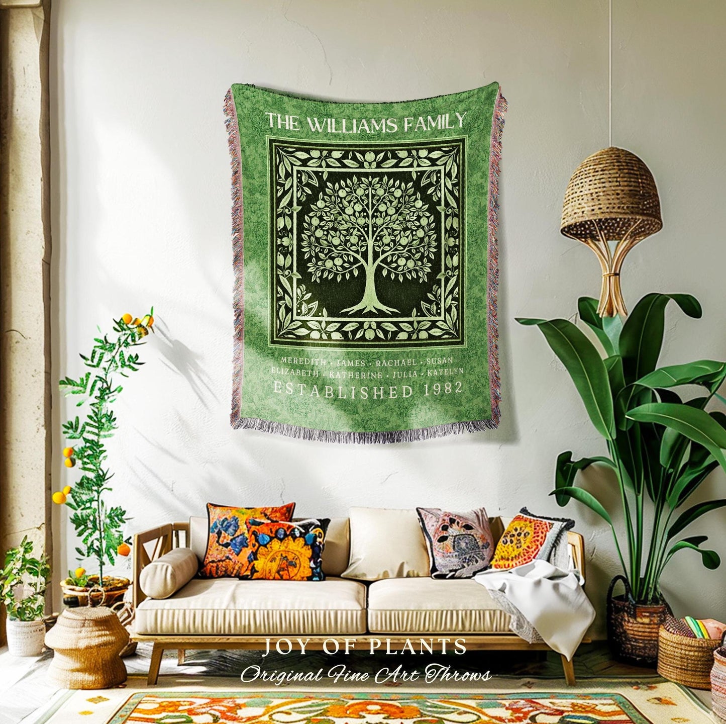 Charming Country Family Tree Blanket Emerald Green Personalized Ancestry Tapestry Throw | Cozy Cottagecore Boho Chic Keepsake Heirloom Gift