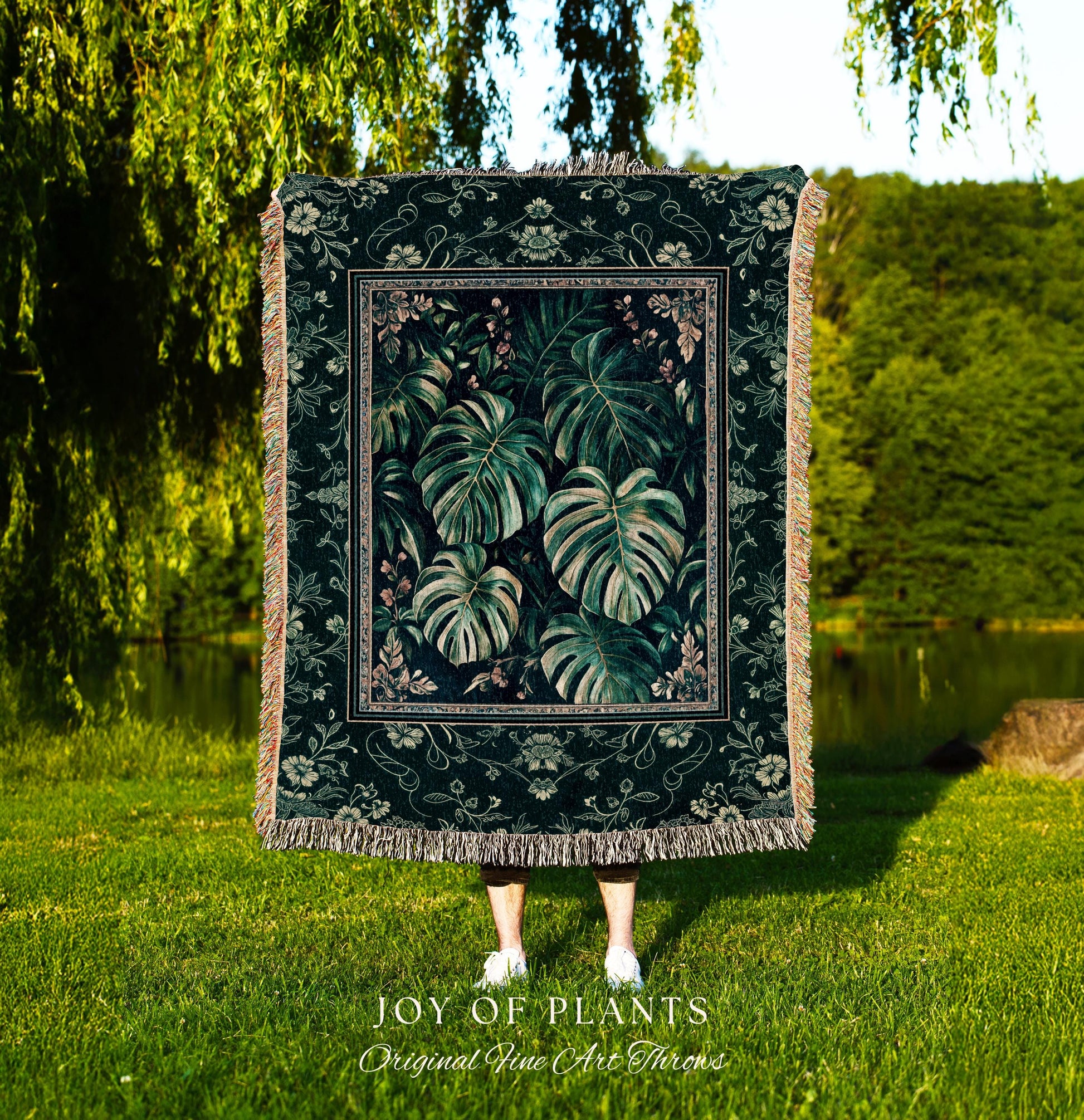 Jungle Inspired Emerald Green Coverlet | Monstera Throw Blanket Moody Bedroom Tapestry Woven Wall Art Trendy Tropigoth Room Accent Botanical