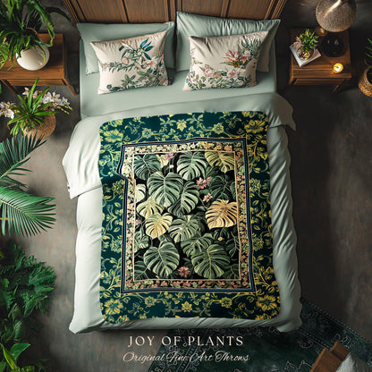 Monstera Tapestry Blanket Unique | Herbology Blanket Dark Cottagecore Tropical Aesthetic Dark Floral Houseplant Botanical Woven Wall Art |
