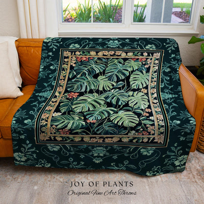 Dark Woodland Maximalist Monstera Tapestry | Tropigoth Botanical Bedroom Houseplant Lover Bedding Forestcore Costal Aesthetic Woven Blanket