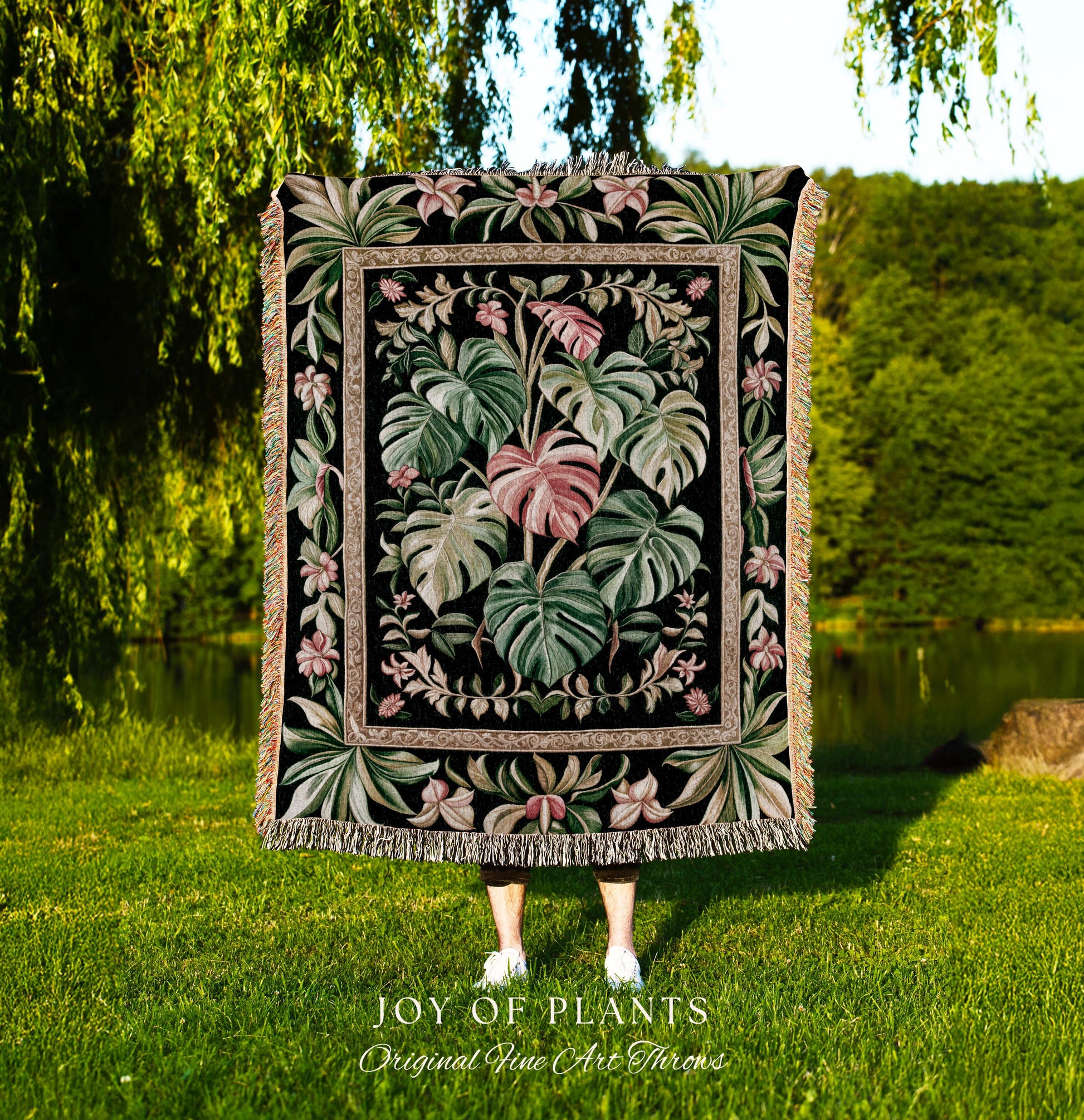 Earthy Vibes Monstera Tapestry | Cozy Woven Blanket Forestcore Vintage Summer Bedspread Tropical Goth Aesthetic Cottagecore Leafy Bedroom |