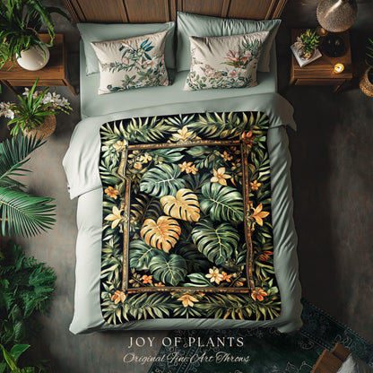 Floral Foliage Woven Monstera Tapestry | Whimsical Cottagecore Charm Jungle Vibes Forestcore Throw Enchanted Houseplant Lover Boho Blanket