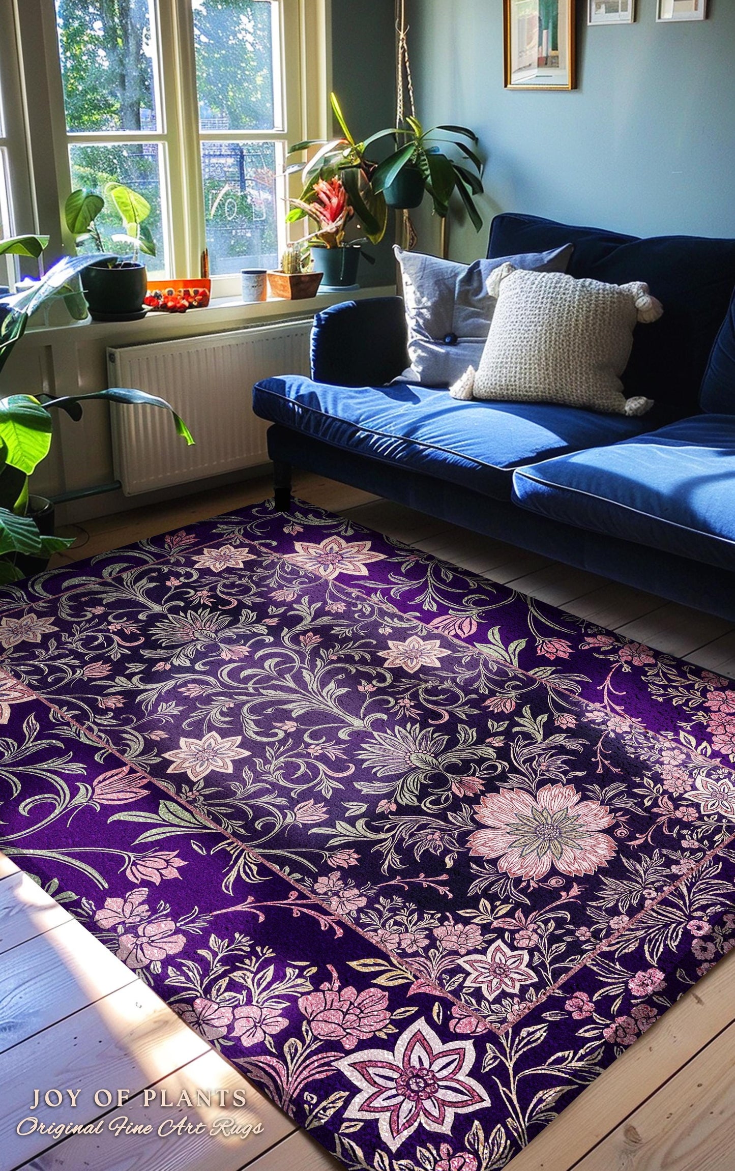 Runner Rug Whimsical Florals | Dark Renaissance Style Art Deco Aesthetic Purple Botanical Hallway Rug Morris Inspired Fairycore Gothic Room