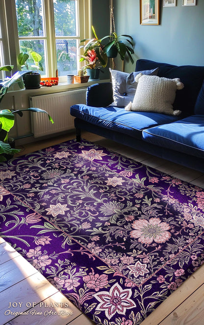Runner Rug Whimsical Florals | Dark Renaissance Style Art Deco Aesthetic Purple Botanical Hallway Rug Morris Inspired Fairycore Gothic Room