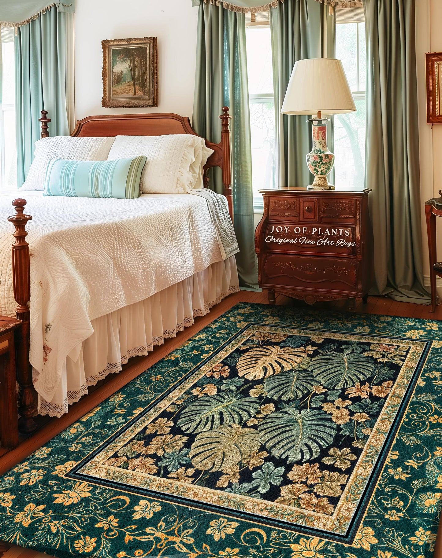 Unique Monstera Print Botanical Rug | Elegant Greenhouse Statement Rug Woodland Decor Houseplant Love Moody Jungle Vibe Tropical Area Rug |