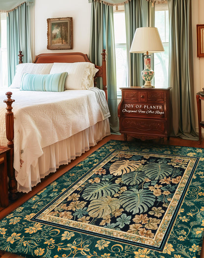 Unique Monstera Print Botanical Rug | Elegant Greenhouse Statement Rug Woodland Decor Houseplant Love Moody Jungle Vibe Tropical Area Rug |