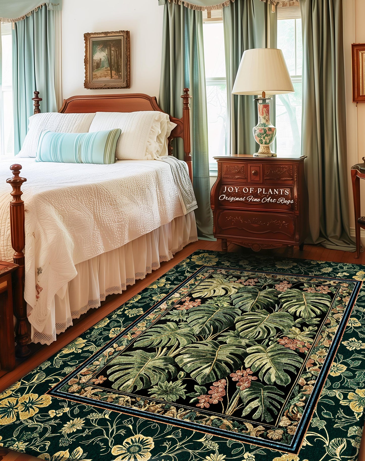 Emerald Elegance Jungle Accent Rug | Botanical Aesthetic Monstera Deliciosa Greenhouse Statement Rug Tropical Plants Green Moody Jungle Vibe