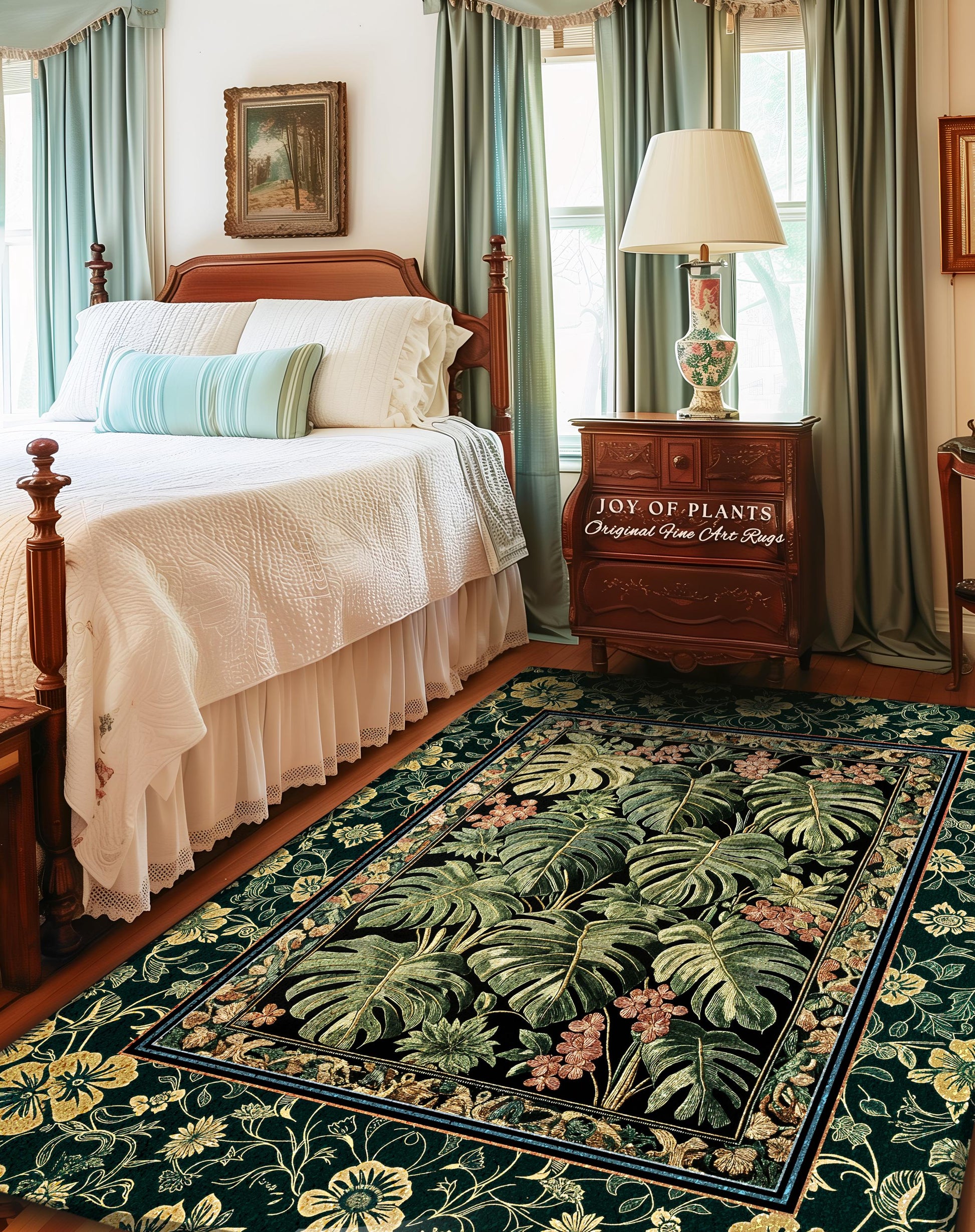 Emerald Elegance Jungle Accent Rug | Botanical Aesthetic Monstera Deliciosa Greenhouse Statement Rug Tropical Plants Green Moody Jungle Vibe