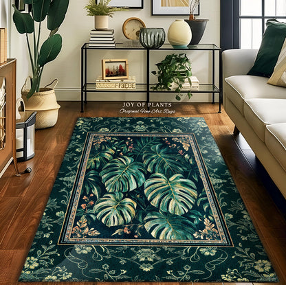 Elegant Botanicals Emerald Area Rug | Tropical Monstera Deliciosa Plant Lover Aesthetic Greenhouse Green Moody Jungle Vibe Dark Maximalist |