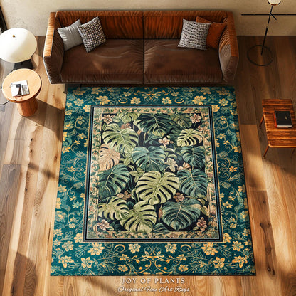 Nature Inspired Green Leaves Rug | Colorful Greenery Tropigoth Room Decor Whimsical Botanical Statement Rug Monstera Foliage Dark Tropical |