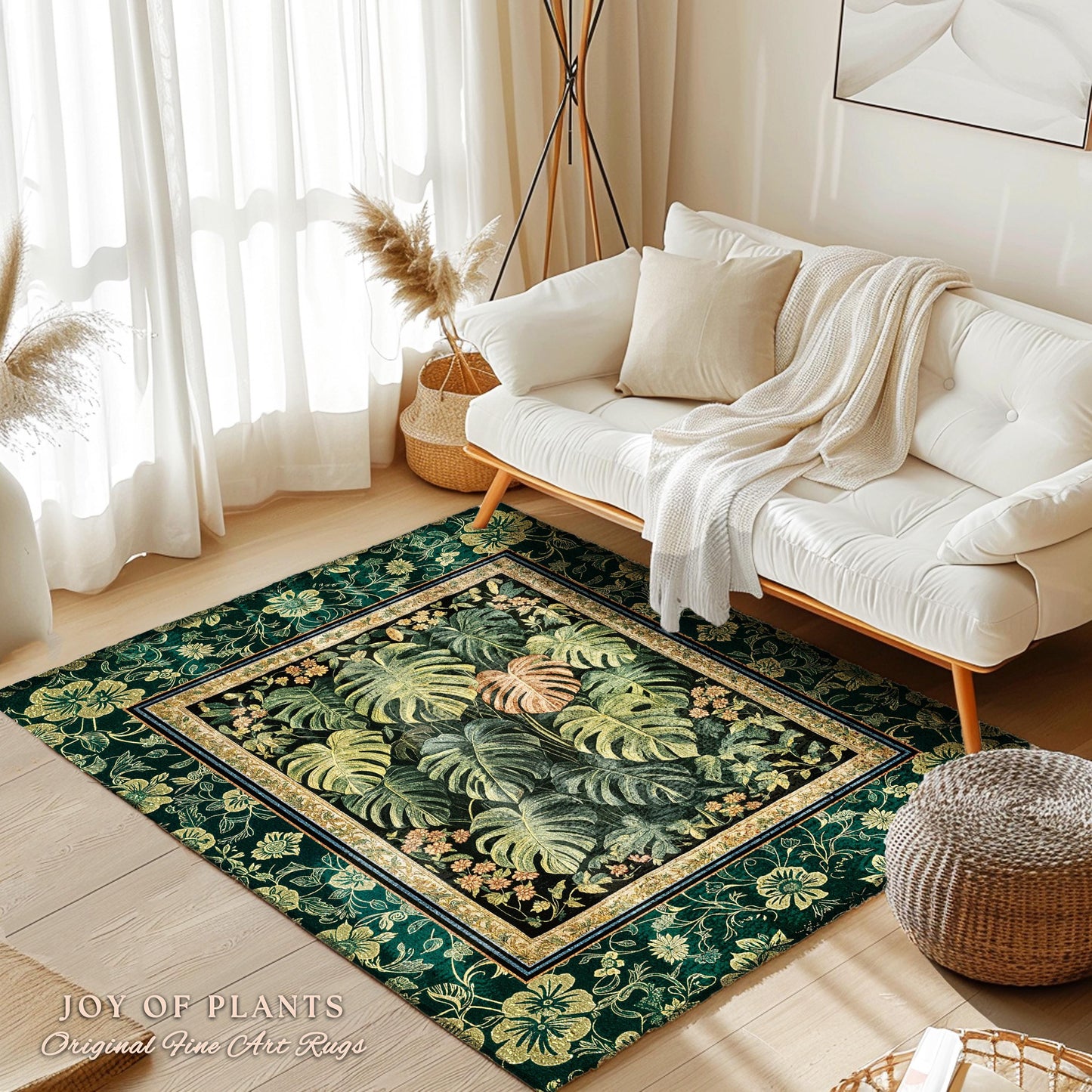 Ethereal Rainforest Greenery Rug | Tropical Jungle Theme Monstera Statement Rug Elegant Botanical Houseplant Aesthetic Emerald Green Bedroom