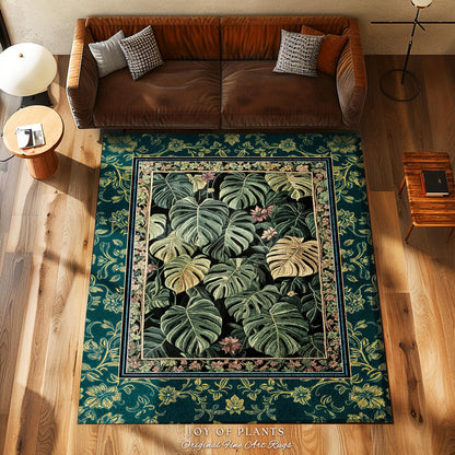 Rich Shades of Green Monstera Rug | Bohemian Botanical Plant Lover Bedroom Home Accent Colorful Room Decor Botanical Statement Rug Foliage