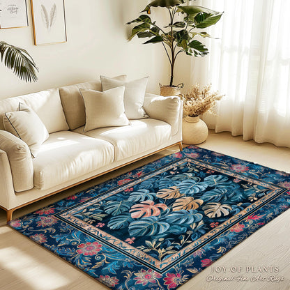 Bohemian Aesthetic Maximalist Rug | Dark Botanical Elegant Statement Rug Woodland Decor Houseplant Love Moody Jungle Vibe Monstera Area Rug