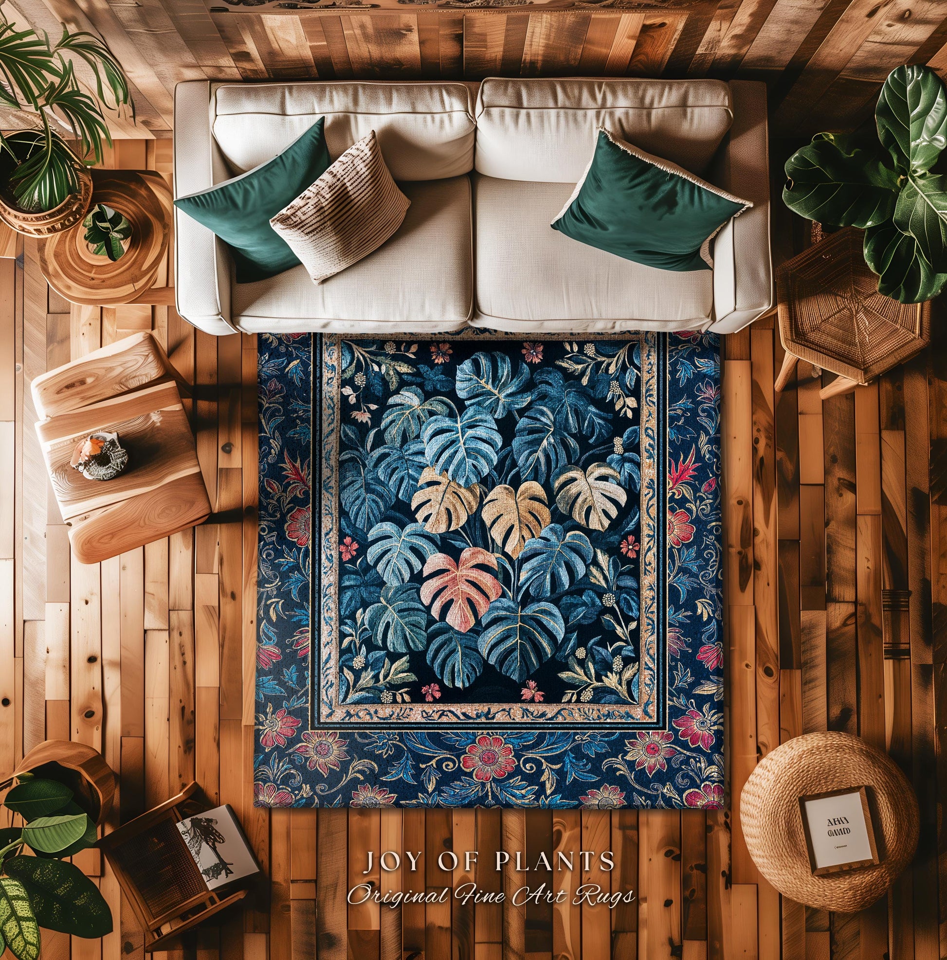 Bohemian Aesthetic Maximalist Rug | Dark Botanical Elegant Statement Rug Woodland Decor Houseplant Love Moody Jungle Vibe Monstera Area Rug