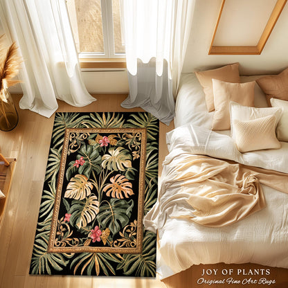 Dark Academia Monstera Lover Rug | Whimsical Botanical Statement Rug Exotic Foliage Dark Tropical Cottagecore Jungle Theme Indie Bedroom |