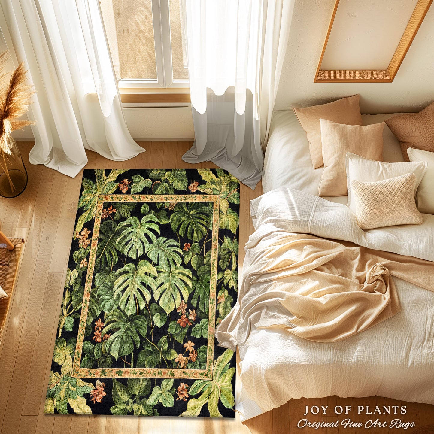 Plant Lover Botanical Area Rug | Exotic Foliage Tropical Cottagecore Jungle Theme Statement Rug Elegant Botanical Monstera Houseplant Decor