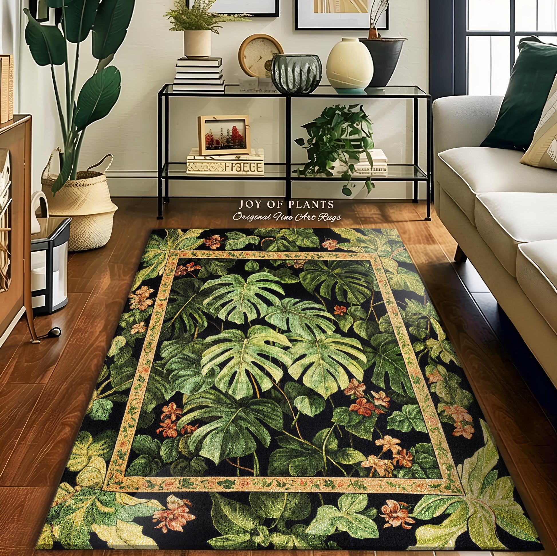 Plant Lover Botanical Area Rug | Exotic Foliage Tropical Cottagecore Jungle Theme Statement Rug Elegant Botanical Monstera Houseplant Decor