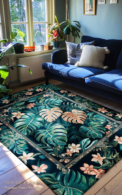 Monstera Greenhouse Accent Rug | Elegant Greenery Botanical Maximalist Bedroom Tropical Houseplant Lover Accent Rug Cottagecore Bright Color