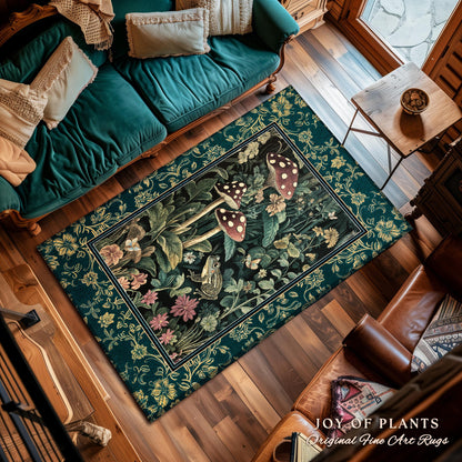 Fairytale Forest Mushroom Frog Area Rug | Trendy Aesthetic Cottagecore Botanical Accent Rug for Emerald Green Funky Woodland Book Nook |