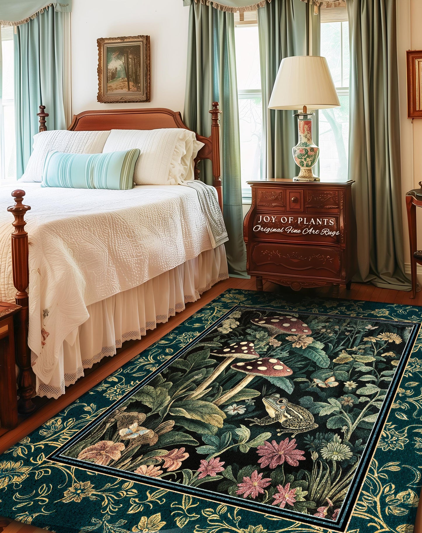 Fairytale Forest Mushroom Frog Area Rug | Trendy Aesthetic Cottagecore Botanical Accent Rug for Emerald Green Funky Woodland Book Nook |